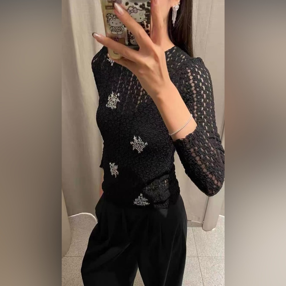 Zara new beaded  Black Lace Top